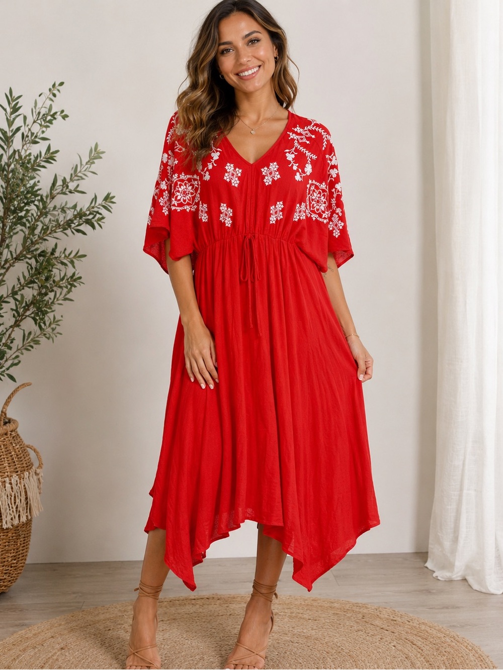 En Creme Women’s Small Red White Embroidered Boho Midi Dress Kimono Sleeve